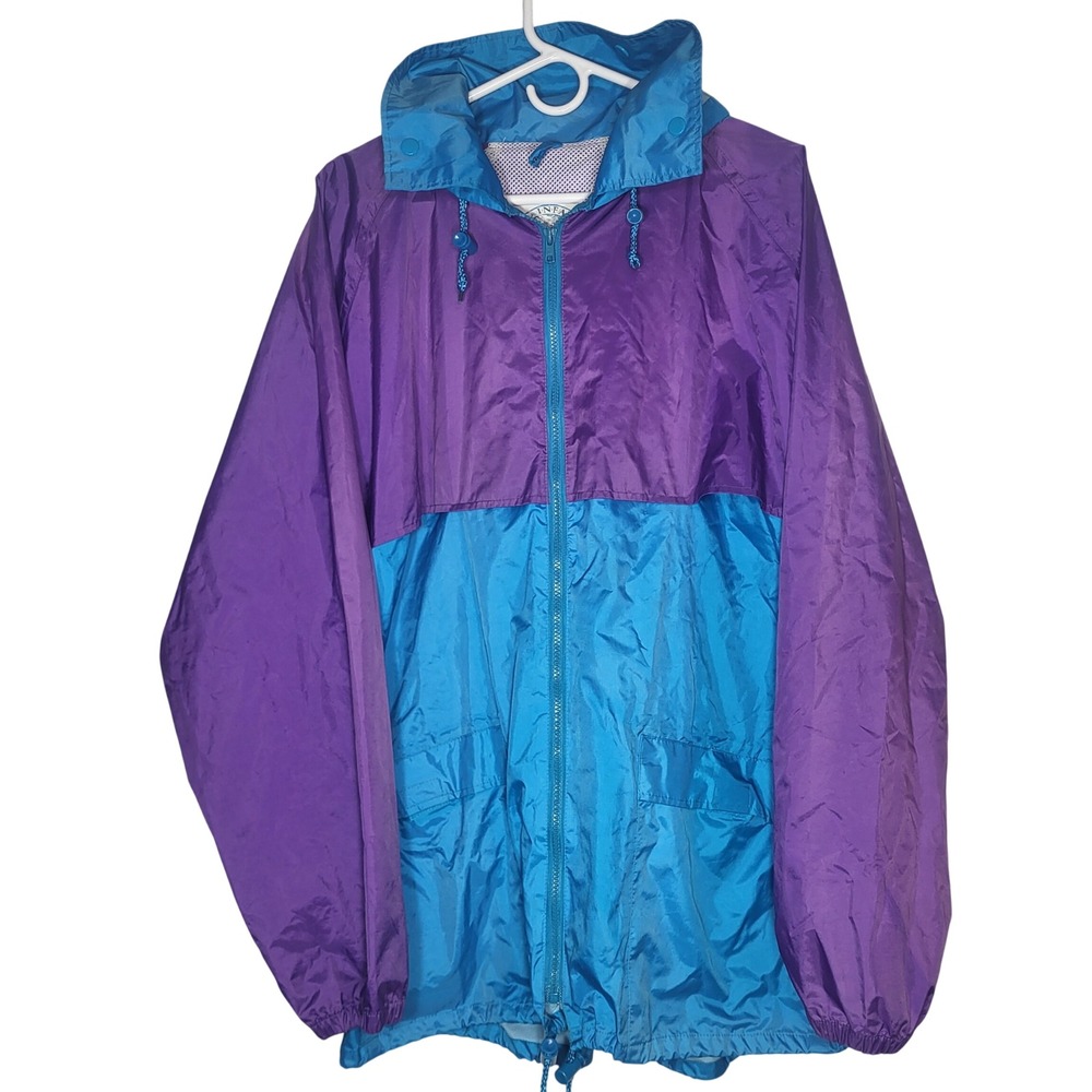 Rainfair Vintage Windbreaker XL Purple Teal Blue Color Block Full Zip Hood